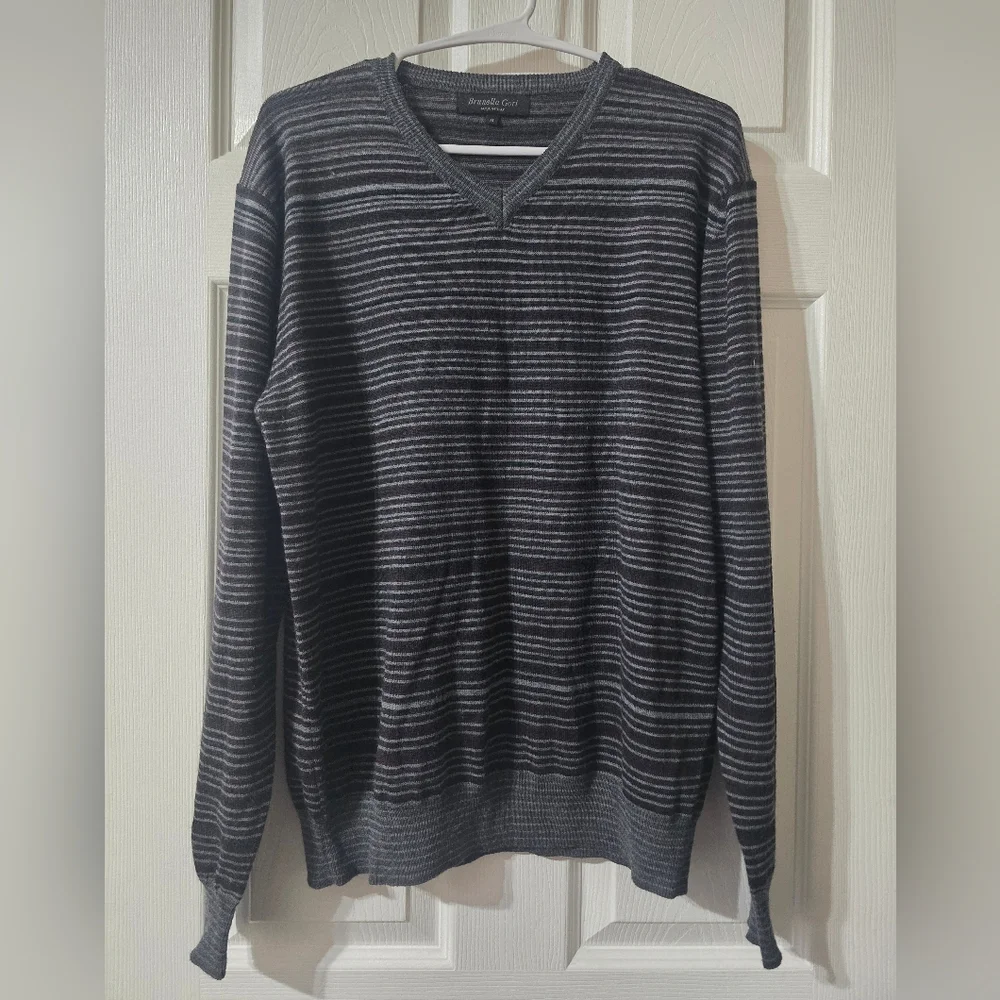 Extra Fine Merino Wool Striped V-Neck Sweater by Brunella Gori, Tailored Fit.